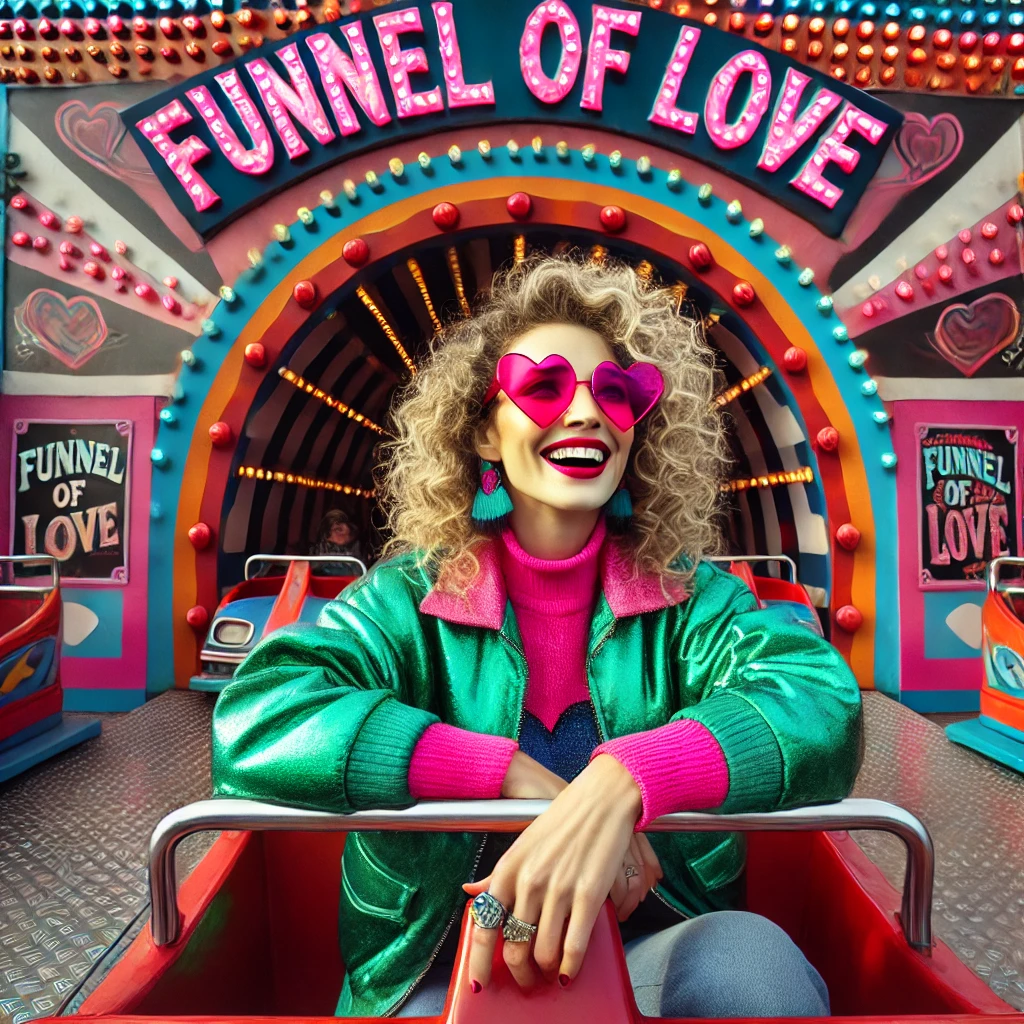 DALL·E 2024-09-06 18.28.25 – A retro 1980s-inspired fairground ride called ‘Funnel of Love,’ with neon lights, bright colors, and a fun, nostalgic atmosphere. In the seat of the r